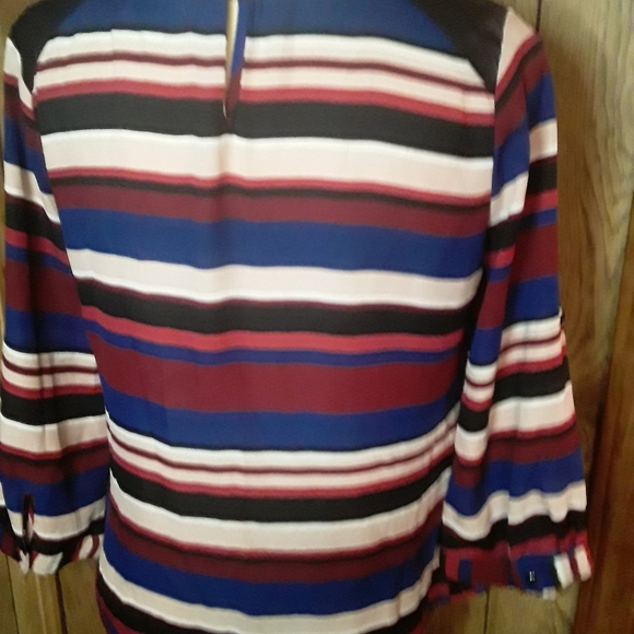 Womans Striped Size Medium Blouse Multicolored Puffy Longsleeves Top Airy Shirt - Picture 2 of 4